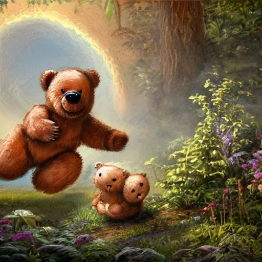 Image similar to breathtaking detailed concept art painting of a teddy bear chasing will-o-wisp in the garden, orthodox saint, ornate background