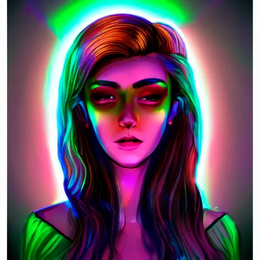 Image similar to portrait of a woman inspired by lois van baarle, iridescent, holographic, neon, glowing, self confidence, light make up