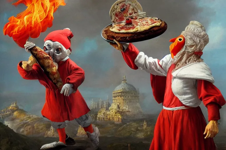 Prompt: a highly detailed pulcinella! holding a pizza! margherita, full body, volcano in background, lava and smoke, ominous, detailed painting by arturo faldi, trending on deviantart, octane, masterpiece