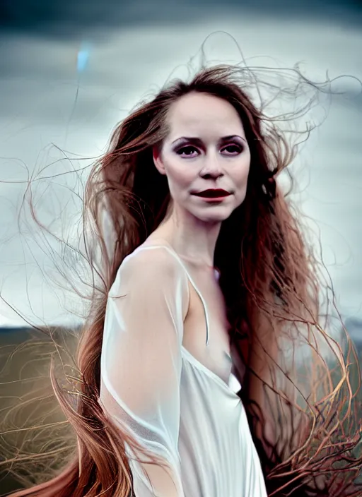 Image similar to cinestill 5 0 d portrait photo of a beautiful woman, britt marling 3 / 4, delicate, subsurface scattering, long hair floating in air in style of gilles zimmermann, 1 5 0 mm, windy mood, dress in voile, mute dramatic colours, soft blur outdoor stormy background, volumetric lighting, hyper detailed, hyper realistic