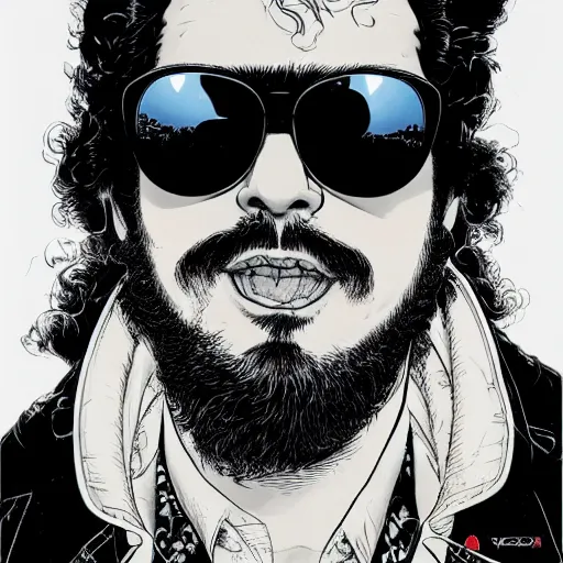 Prompt: portrait closeup of mad techno post malone wearing sunglasses, symmetrical, by yoichi hatakenaka, masamune shirow, josan gonzales and dan mumford, ayami kojima, takato yamamoto, barclay shaw, karol bak, yukito kishiro