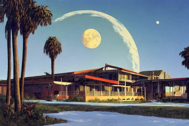 Image similar to natural american landscape | abandoned motel | palm trees | snowy mountains | moon in sky, painting by syd mead and weta studio and moebius and james jean and frank frazetta, highly detailed, rule of third, soft lighting, 8 k resolution, oil on canvas, architectural magazine, beautiful detailed, insanely intricate details, artstation trending, hypermaximalistic, high details, cinematic