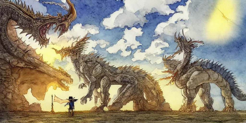 Prompt: a hyperrealist studio ghibli watercolor fantasy concept art of a giant chinese dragon and a small grey alien in stonehenge in the early morning. a giant gold ufo is floating in the air. by rebecca guay, michael kaluta, charles vess