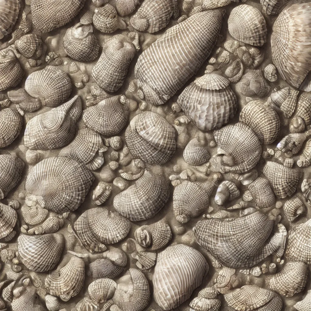 Image similar to geometric complex sea shell designs by ernst haeckel, closeup, fractal, realistic cinema 4 d render, beach sand background, clear focus, very coherent, very detailed