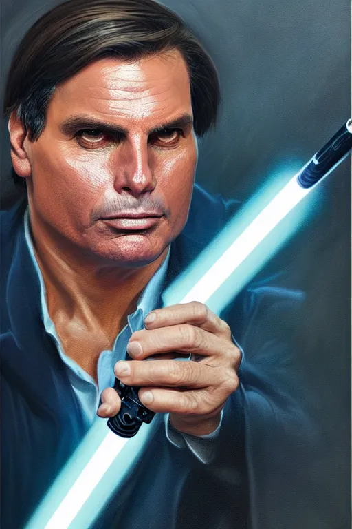 Image similar to breathtaking detailed concept art painting of jair messias bolsonaro holding a lightsaber, by hsiao - ron cheng, exquisite detail, extremely moody lighting, 8 k