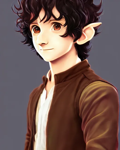 Prompt: portrait Anime joyful Hobbit Frodo Baggins; velvet brown jacket, backpack, Shire background || cute-fine-face, pretty face, realistic shaded Perfect face, fine details. Anime. realistic shaded lighting by Ross Tran