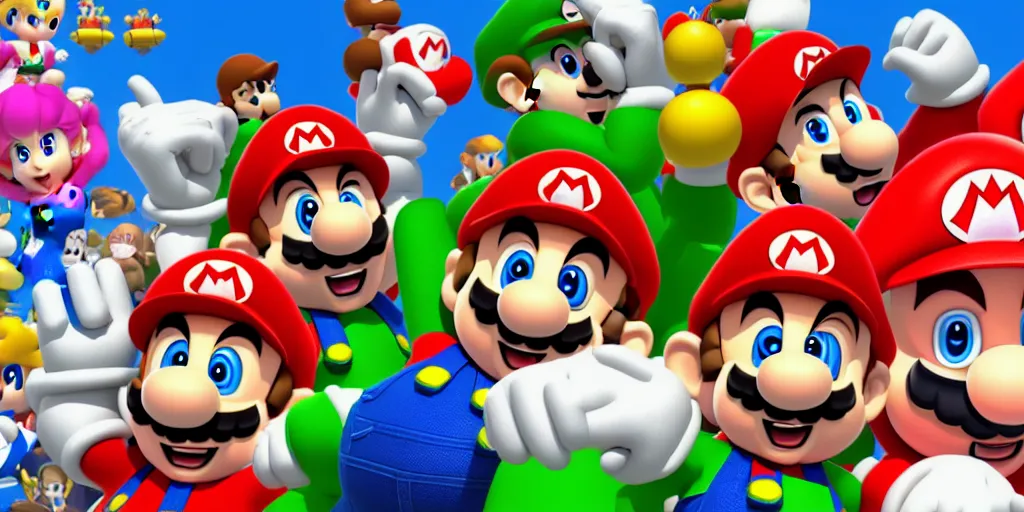 Prompt: lineup of all of the characters from Super Mario, 3D render, simple background