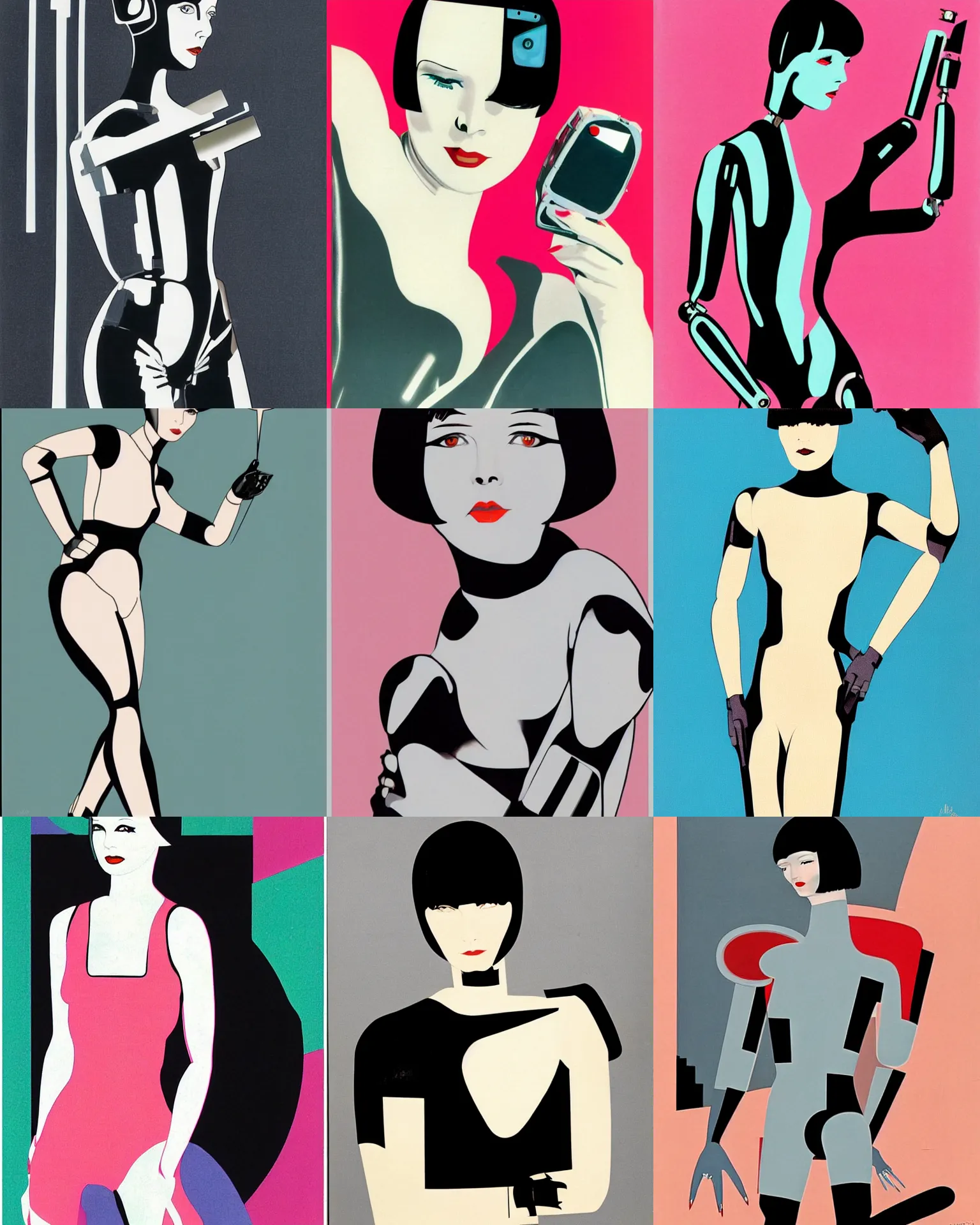 Prompt: mary louise brooks turning into a robot, half robot, 1 9 8 0 s, chrome outfit, airbrush, robot arms, black shiny bob haircut, by patrick nagel, art deco style