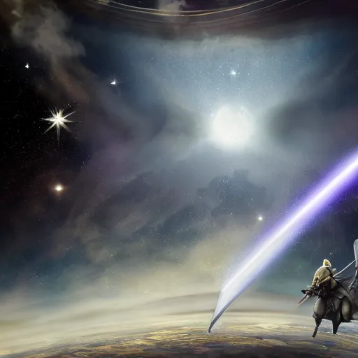 Image similar to knight, great sword with ray in the middle of the galaxy, 4 k, realistic