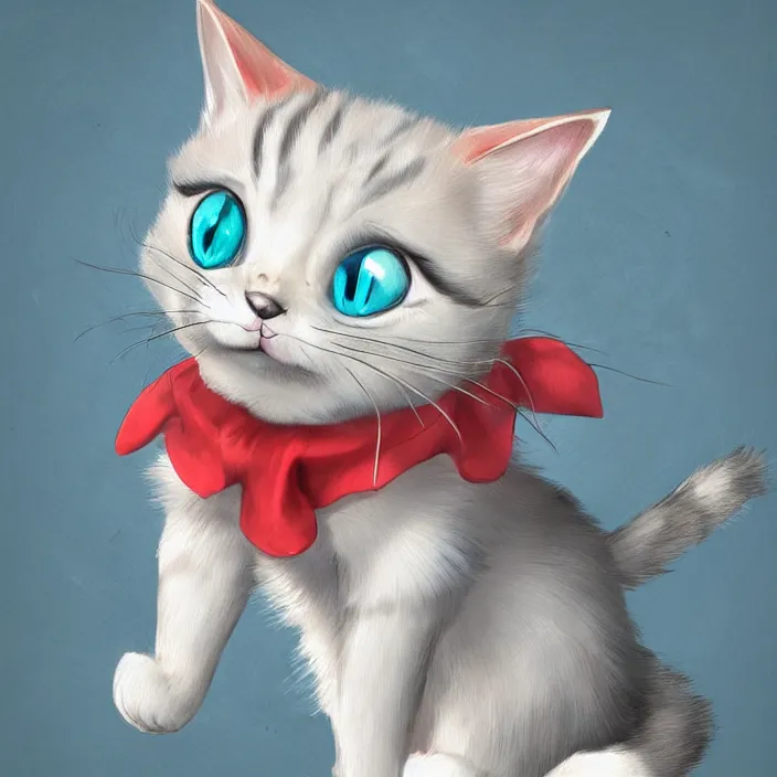 Image similar to cute cat of cheshire from alice in wonderland. an adorable cat with light blue stripes and a big human like playful smile. award - winning digital art, trending on artstation