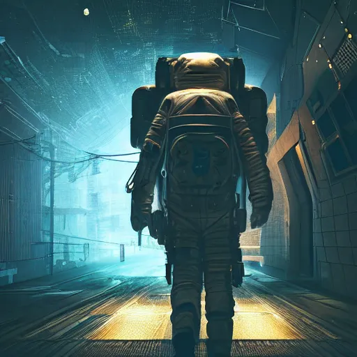 Prompt: astronaut wandering around a cyberpunk dystopian gotham city, 3d 8k render, foggy and atmospheric, night, starry sky, glowing lights, photorealism, unreal engine, oil painting,