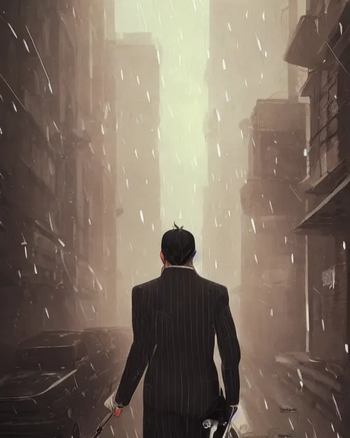 Image similar to a mysterious rugged man in a pinstripe suit holding a pistol in one hand. Pinstripe suit. Raining, street lamps, stormy, atmospheric lighting, mysterious, gloomy. By Makoto Shinkai, Stanley Artgerm Lau, WLOP, Rossdraws, James Jean, Andrei Riabovitchev, Marc Simonetti, krenz cushart, Sakimichan, D&D trending on ArtStation, digital art.