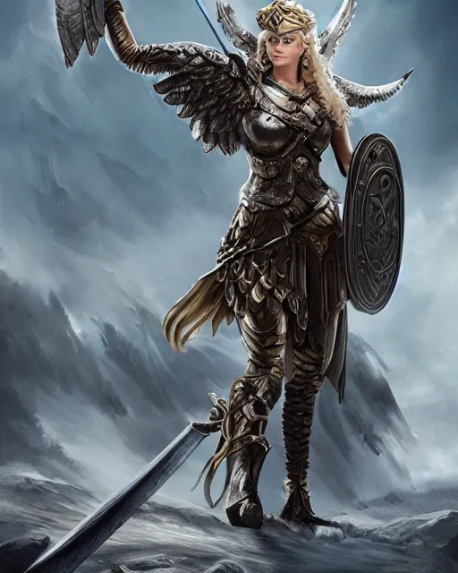 Prompt: a angry valkyrie epic presentation posing with her sword, detailed armor with white scarf, beautiful opened wings, character design, gorgeous, epic, atmospheric lighting, digital art, classicism style, ultra detailed, octane