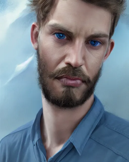 Image similar to portrait of a man in his mid - twenties with dull blue eyes, curly blond hair, short goatee, ultra realistic, epic, highly detailed, hd, sharp focus, cinematic lighting, realistic, dreamy, vivid colors, dreary, morose, matt painting, digital art, non blurry, sharp, artstation, concept art, smooth, illustration