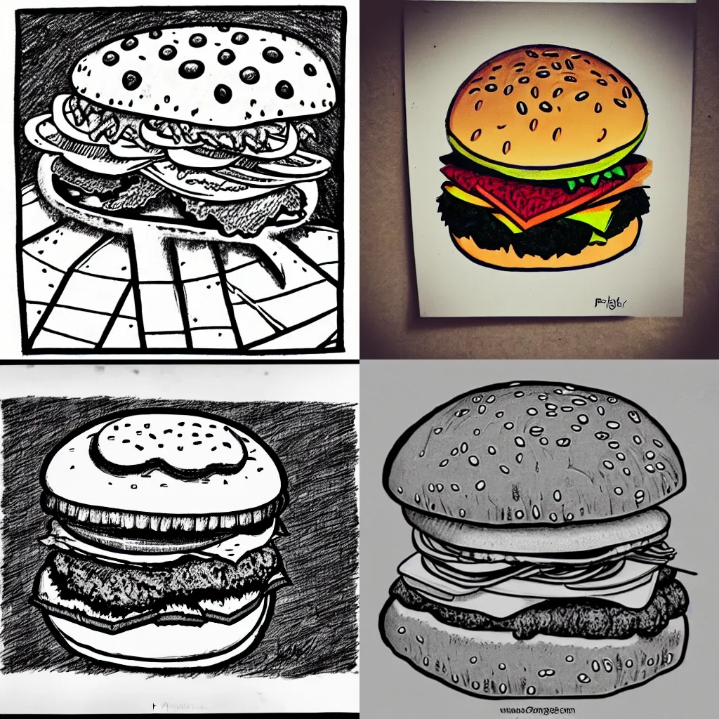 Prompt: hamburger, drawn by phlegm