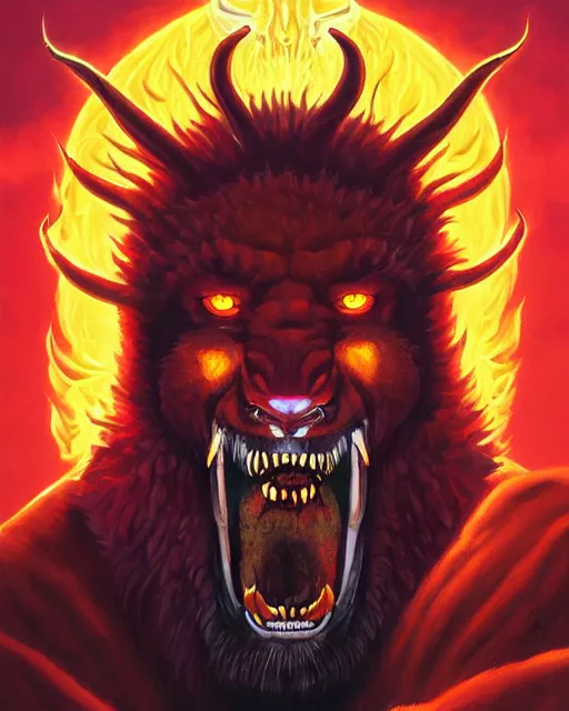 Prompt: a portrait of our lord and saviour beelzebub, the harbringer of death, ruler of the demons, a roaring lion in flames, a motherless heathen who brings misery upon the worlds known and unknown by rhads by greg hildebrandt, by greg tocchini, by james gilleard, by joe fenton