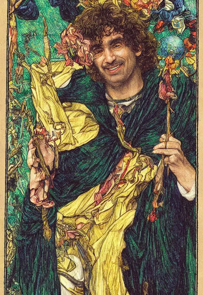 Image similar to Yoshua Bengio smiling on the Tarot card. Illustration by preraphaelists.