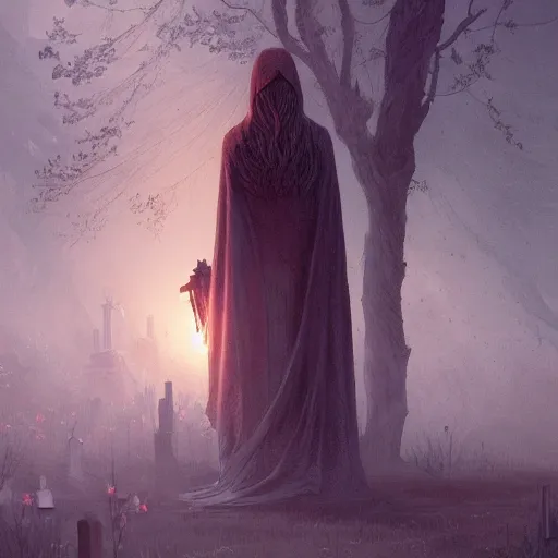 Image similar to The last spirit living in the cemetery, flowers, illustrated by Greg Rutkowski and Caspar David Friedrich. Trending on artstation, artstationHD