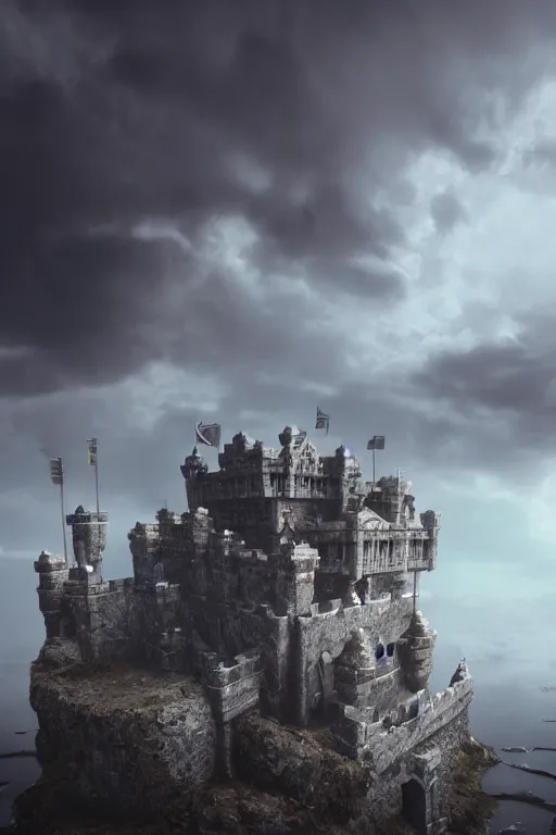 Image similar to floating castle in the clouds, hyperrealistic, 8 k, octane render, unreal engine, gilded, cloudy dark electric sky, post apocalyptic hellscape, highly - detailed