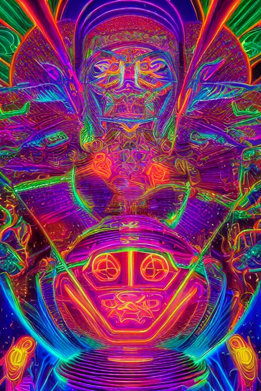 Image similar to a detailed digital neon illustration of the burningman effigit in the style of Alex Grey, lisa frank, beeple, dan mumford. maya render, trending on artstation, greg rutkowski very coherent symmetrical artwork, psychedelic, fantasy, 8k, ornate, intricate, symmetry, cinematic, hyper realism, high detail, octane render, 8k, iridescent accents