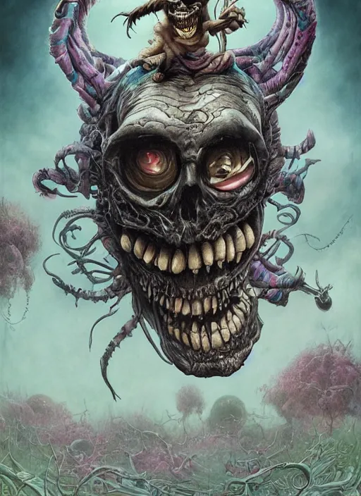 Image similar to Crazy Cheshire Cat,Death Tarot card,highly detailed,half skull face,cinematic,8k,by Stanley Artgermm,Beksinski,Tom Bagshaw,Greg Rutkowski,Carne Griffiths, Ayami Kojima, Giger,trending on DeviantArt,hyper detailed,horror, full of colour