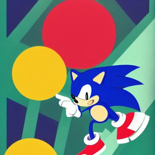 Prompt: Sonic the hedgehog has a bad acid trip, Green Hill Zone, in the style of Sachin Teng x Sonia Delaunay