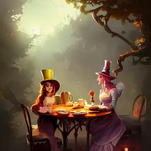 Prompt: female mad hatter sitting at tea table, by Jordan Grimmer and greg rutkowski, crisp lines and color,