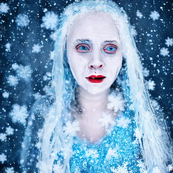 Image similar to a sickly looking woman dying of hypothermia, with very white skin and pale blue hair wearing a long white dress made out of snowflakes in the middle of a heavy snowstorm. blue lips. full body digital portrait by maromi sagi