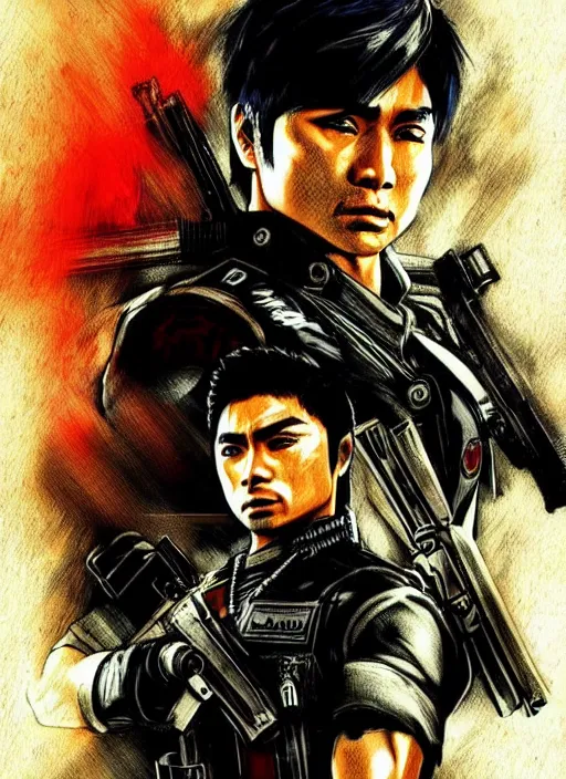 Prompt: coco martin as cardo dalisay from ang probinsyano in a poster shot, in the style of yoji shinkawa, in the style of metal gear solid cover art, gritty, dark hues