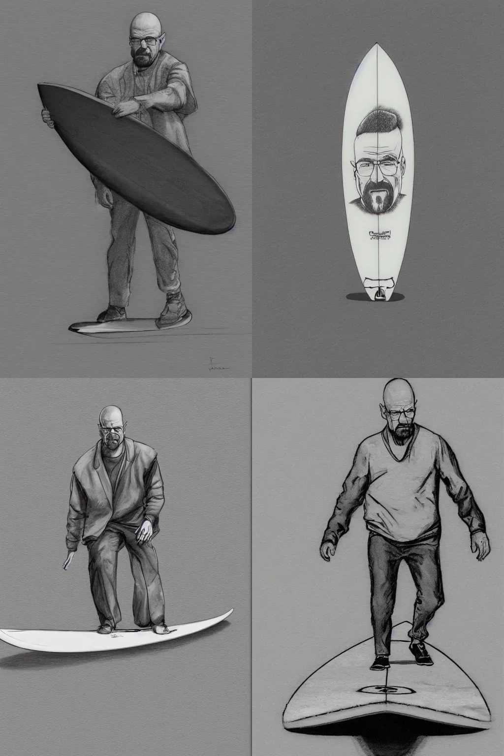 Prompt: court sketch of walter white riding a gigantic! surfboard, hd scan