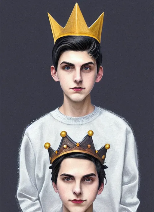 Image similar to portrait of teenage jughead jones wearing a light grey crown, photorealistic, crown, eyes closed, crown, black hair, sweater with letter s on it, letter s, intricate, elegant, glowing lights, highly detailed, digital painting, artstation, concept art, smooth, sharp focus, illustration, art by wlop, mars ravelo and greg rutkowski