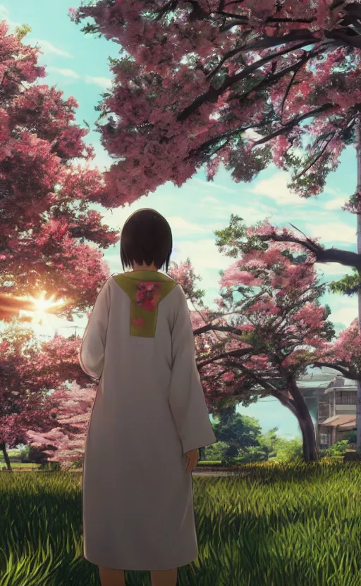 Image similar to anime style, gta 5, panoramic centered view of girl in middle, yukata clothing, sakura tree in background, short hair, hair down, symmetrical facial features, from arknights, hyper realistic, extreme detail, volumetric lights, 4 k drawing, safebooru, realistic lighting, by alphonse mucha, greg rutkowski, sharp focus, backlit