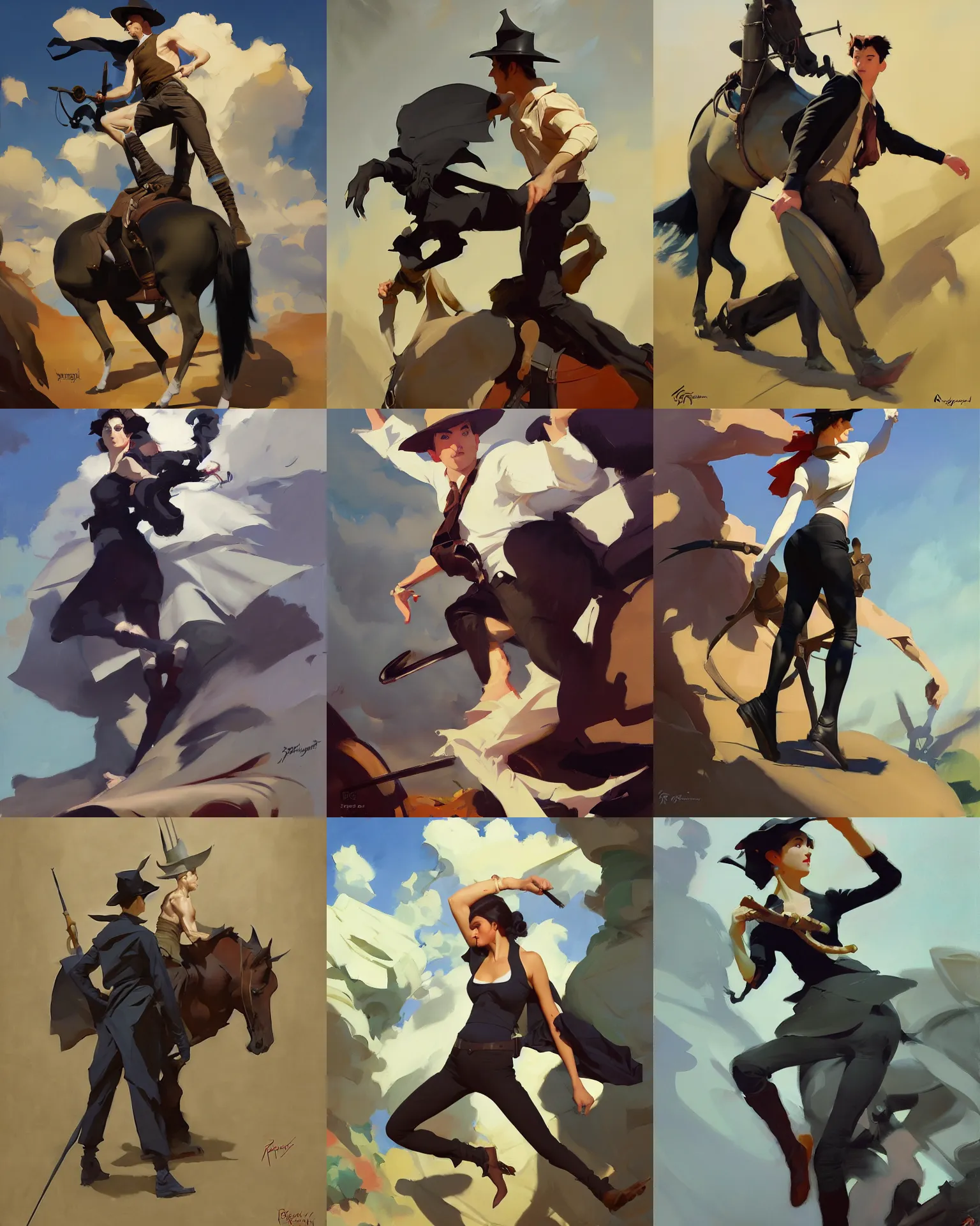 Prompt: black cloth fabric jodhpurs greg manchess painting by sargent and leyendecker, studio ghibli, fantasy, medium shot, asymmetrical, intricate, elegant, matte painting, illustration, hearthstone, by rhads by greg rutkowski, by greg tocchini, by james gilleard, by joe fenton