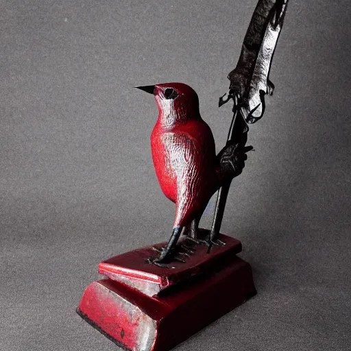 Image similar to a small cast iron bird with weapons and armor, ruby eyes, cast iron, folk art display, museum display, photography, studio lighting, 8k