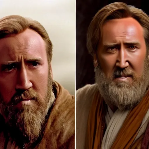 Image similar to Old Ben Kenobi played by Nicolas Cage