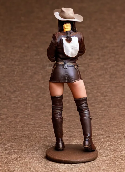 Prompt: 80mm resin detailed miniature of a cow girl, Short brown leather jacket, ten-gallon hat, over-knee boots, navel, thigh skin, on textured disc base; Miniature product Photos, 4K, Full body; View from behind