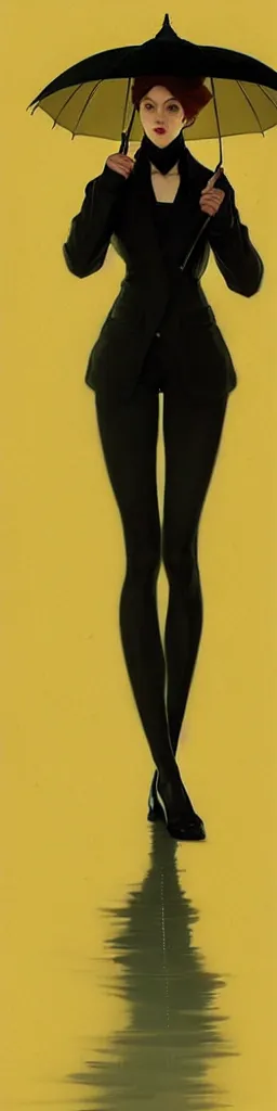 Prompt: A very tall, slender woman wearing black puffy clothes and holding a yellow umbrella, sharp focus, intricate, elegant, digital painting, artstation, matte, highly detailed, concept art, illustration, ambient lighting, art by artgerm, Alphonse mucha, and Greg Rutkowski