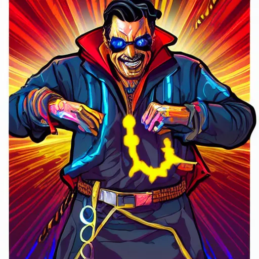 Image similar to artgerm, psychedelic laughing cybertronic dr. strange, rocking out, headphones dj rave, digital artwork, r. crumb, svg vector