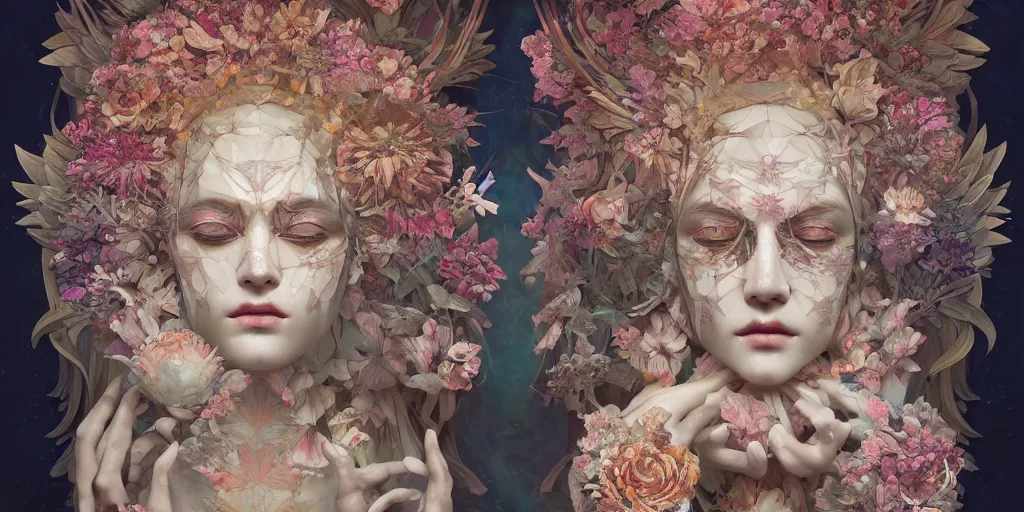 Image similar to breathtaking detailed concept art painting kaleidoscope art deco pattern of blonde faces goddesses amalmation flowers, by hsiao - ron cheng, bizarre compositions, exquisite detail, extremely moody lighting, 8 k