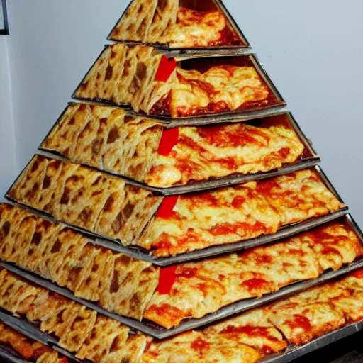 Prompt: a pyramid made of pizzas