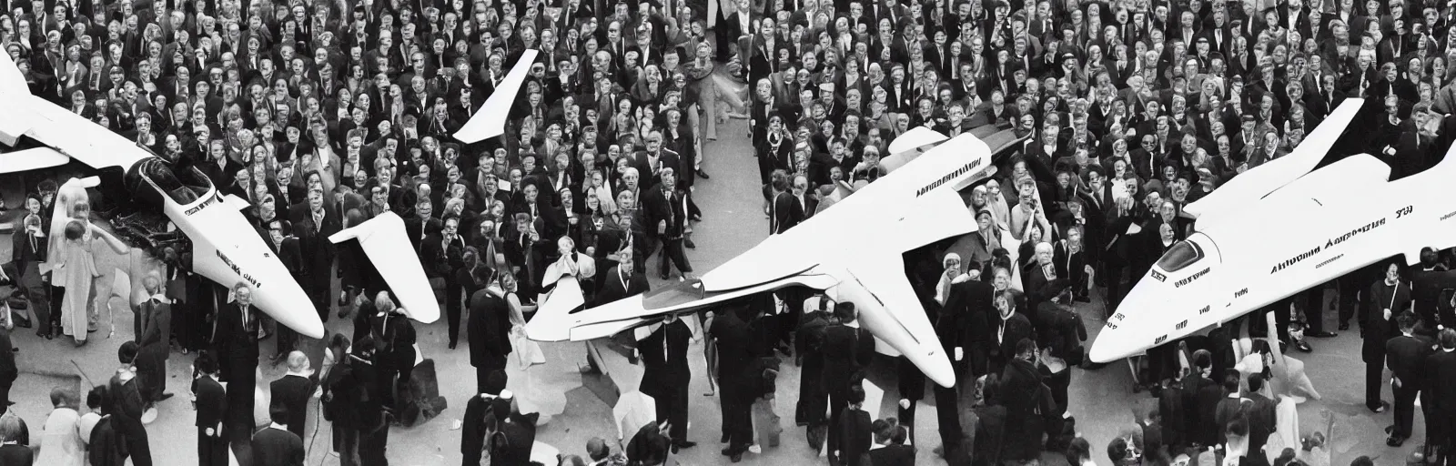 Prompt: a transforming mecha-concorde is presented with the medal d'honneur, Paris 1982