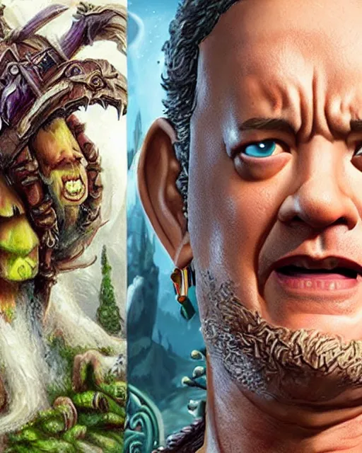 Prompt: tom hanks as a character in the game world of warcraft, with a background based on the game world of warcraft, detailed face