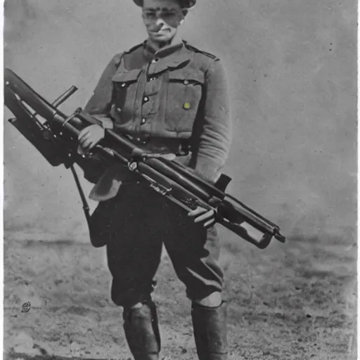 Image similar to old wartime photograph of crash bandicoot holding a lewis gun, 1 9 1 7