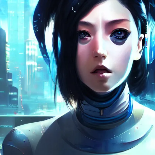 Image similar to A cyberpunk cyborg girl with big and cute eyes, fine-face, realistic shaded perfect face, fine details. Very anime. Realistic shaded lighting poster by Ilya Kuvshinov katsuhiro, magali villeneuve, artgerm, Jeremy Lipkin and Michael Garmash, Rob Rey and Kentarõ Miura style, trending on art station