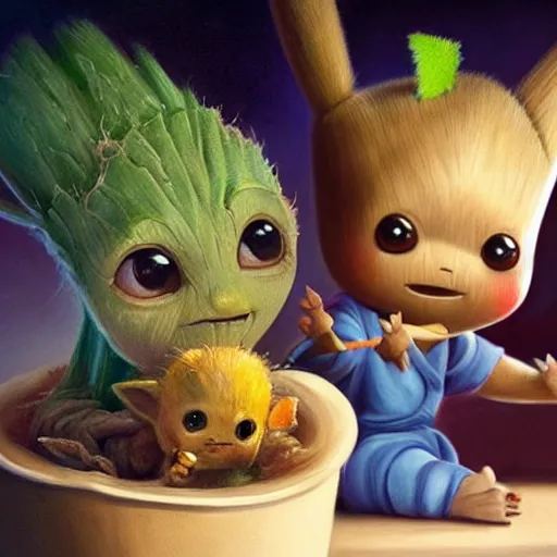 Image similar to a realistic painting by Raffaello Sanzi representing baby Groot and baby Yoda eating an ice cream together. In the back we see Pikachu, very detailed and beautiful lighting 8k, smooth,Sharp focus, realism, trending on Artstation
