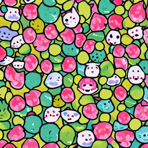 Prompt: floral pattern of pokeballs and mews for a desktop background