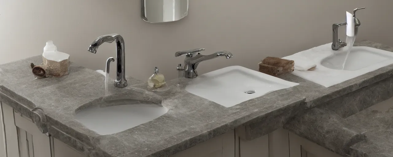 Prompt: English bathroom sink with two taps