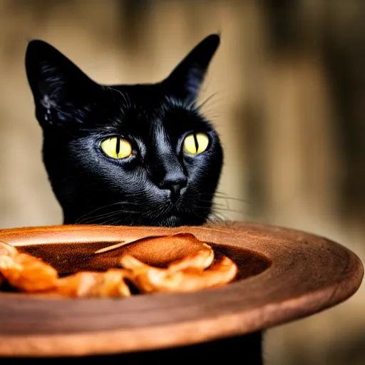 Prompt: a photo of a hungry black cat, 4 k, ƒ / 8, focal length : 3 6 mm,