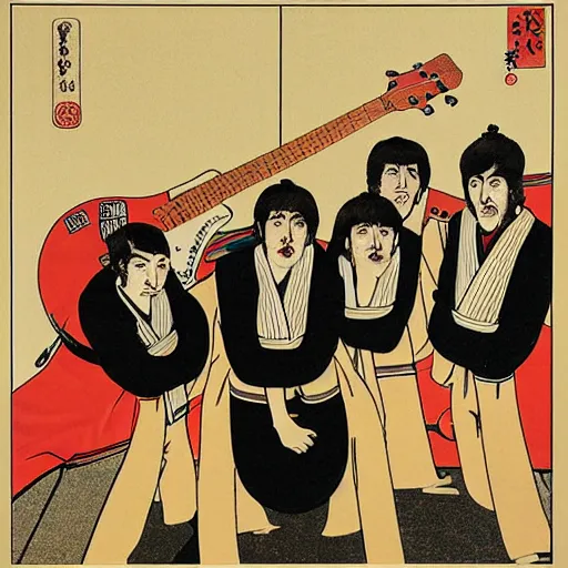 Image similar to The Beatles playing in the Budokan, Ukiyo-e art,