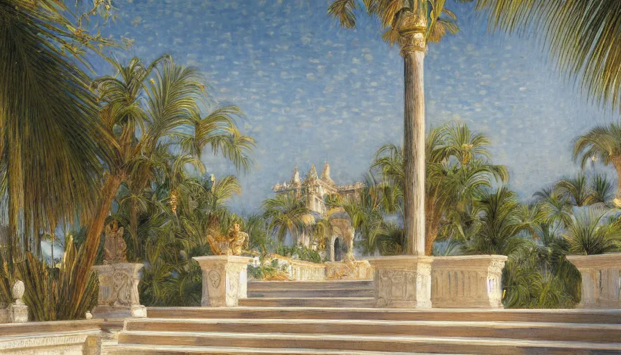 Image similar to a ultradetailed beautiful painting of the amazonas palace balustrade designed by jules bastien - lepage, hans belmer, frank weston and gustave baumann, beach, trending on artstation, mediterranean, palm trees, refracted color sparkles, sharp focus, soft light, 8 k 4 k